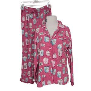 Munki Munki Movie Night Pajama Set Womens Size Small Pink Flannel Popcorn Movies